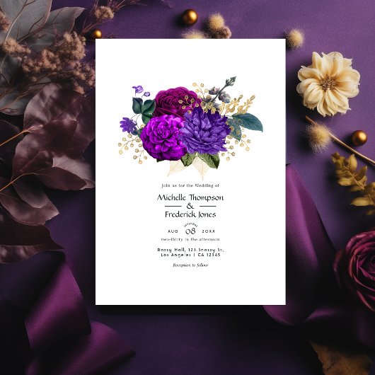 Paarse en Violette Bloemige Bruiloft Kaart