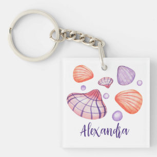 Paarse en violette Waterverf schelpen met naam Sleutelhanger