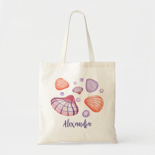 Paarse en violette Waterverf schelpen met naam Tote Bag (Voorkant)