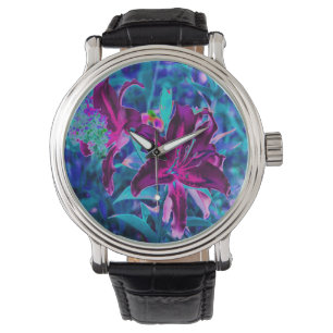 Paarse en warme roze Abstracte oosterse Lily Flowe Horloge