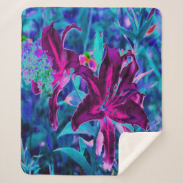 Paarse en warme roze Abstracte oosterse Lily Flowe Sherpa Deken