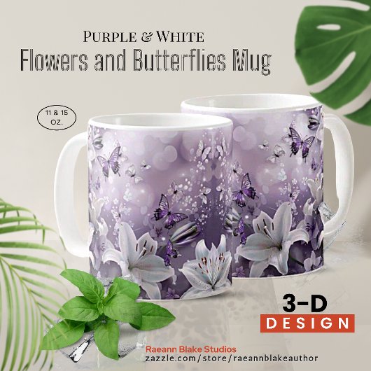Paarse en witte 3-D Bloemen en Vlinders Mok