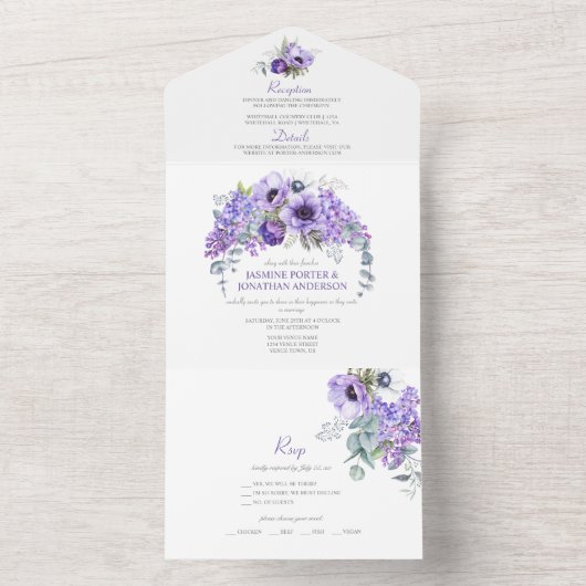 Paarse en witte anemonen, Paarse Lilacs Floral | All In One Uitnodiging (Binnen)