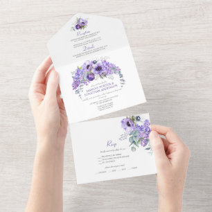 Paarse en witte anemonen, Paarse Lilacs Floral   All In One Uitnodiging
