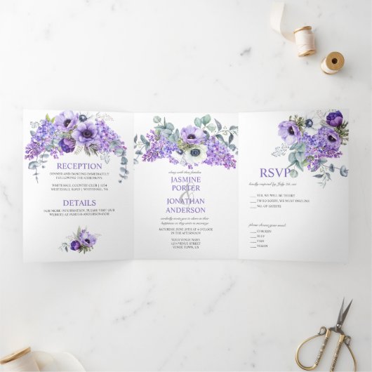 Paarse en witte anemonen, Paarse Lilacs Floral Drieluik Uitnodiging (Binnen)