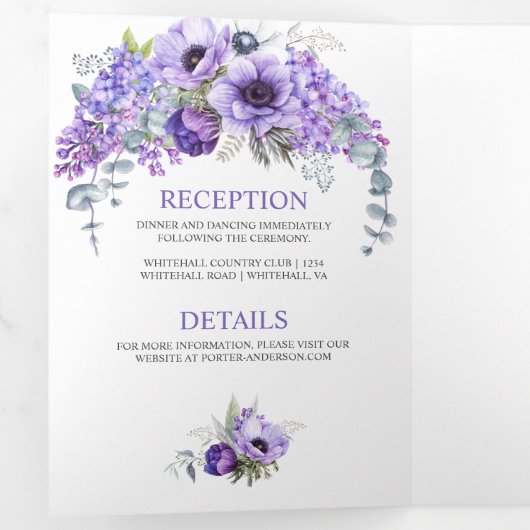 Paarse en witte anemonen, Paarse Lilacs Floral Drieluik Uitnodiging (Binnenzijde eerst)