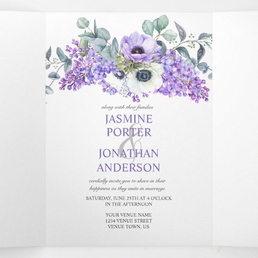 Paarse en witte anemonen, Paarse Lilacs Floral Drieluik Uitnodiging (Binnenkant midden)