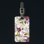 Paarse en witte bloemen | Elegant Floral Bagagelabel<br><div class="desc">floreel patroon gepersonaliseerd met jouw naam aan de voorkant. Op de achterkant,  zijn uw contactdetails vermeld in diep paarse teksten.</div>