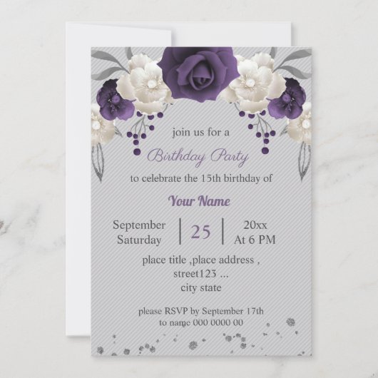 paarse en witte bloemen grijze verjaardag kaart (Voorkant)