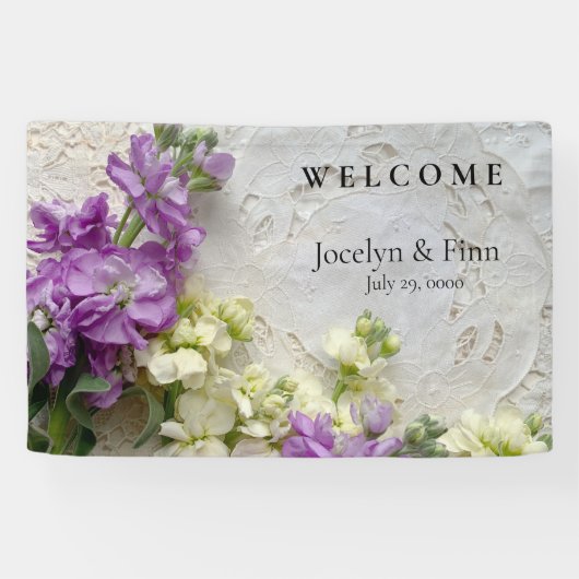 Paarse en witte bloemen op oude kanten stof spandoek (Horizontaal)
