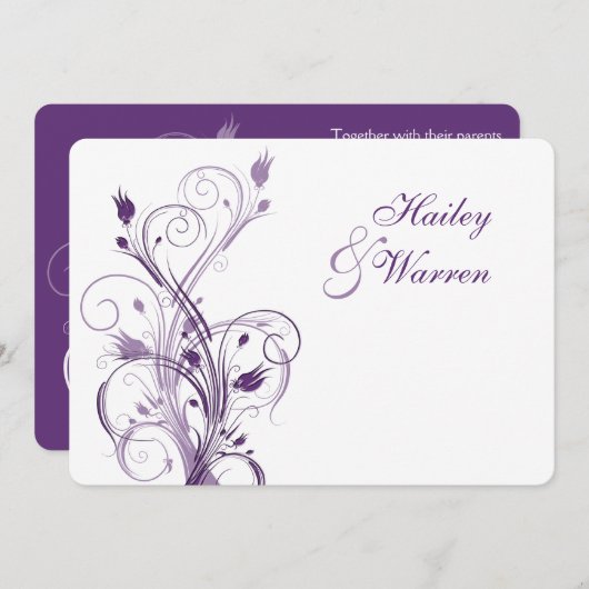 Paarse en witte bloemenbruiloft uitnodiging 2 (Voorkant / Achterkant)