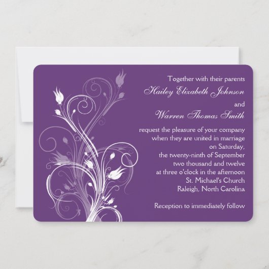 Paarse en witte bloemenbruiloft uitnodiging 2 (Achterkant)