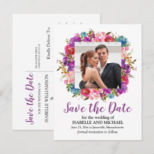 Paarse en witte bloemenfoto Bewaar de datum Aankondigingskaart (Voorkant / Achterkant)