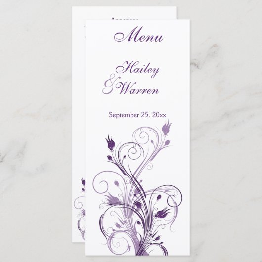 Paarse en witte bloemenmenu Kaart (Voorkant / Achterkant)