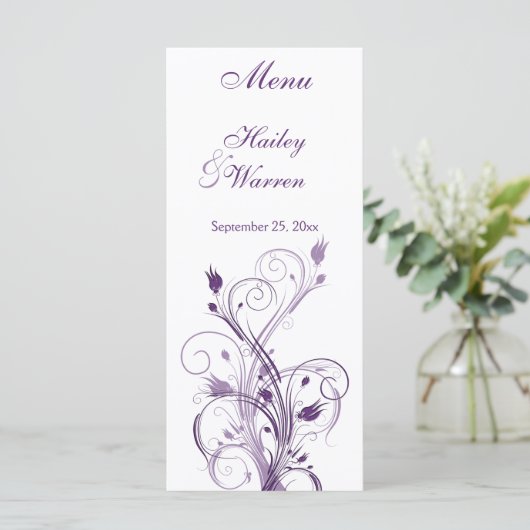 Paarse en witte bloemenmenu Kaart (Staand voorkant)