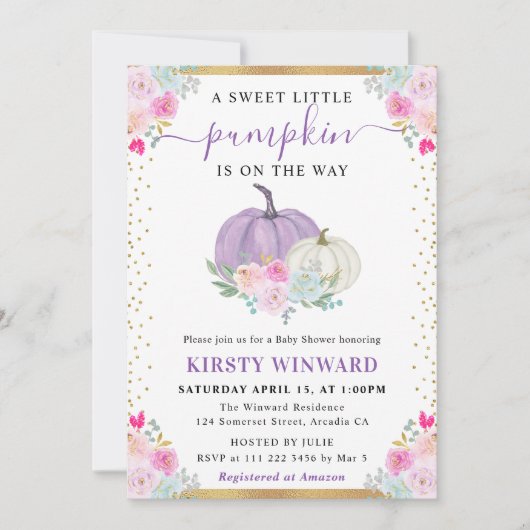 Paarse en witte bloemenpompoenen Herfst Baby showe Kaart (Voorkant)