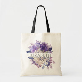 Paarse en witte bloemige bruidsmeisje monogram naa tote bag
