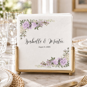 Paarse en witte bloemstuk bruiloft servet