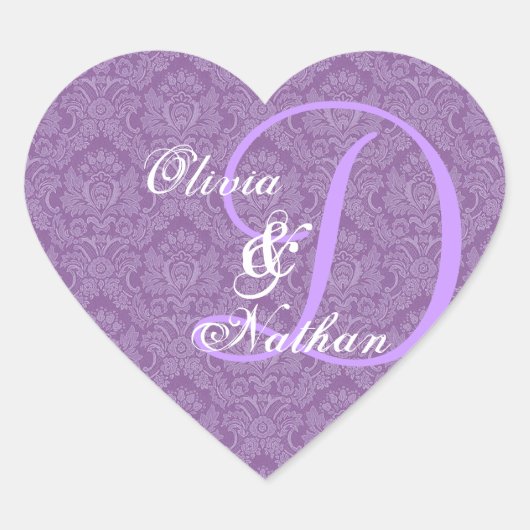 Paarse en witte bruiloft Damask Monogram D Sticker (Voorkant)