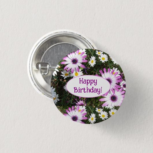 Paarse en Witte Daisy Floral  naam Ronde Button 3,2 Cm (Voorkant /achterkant)