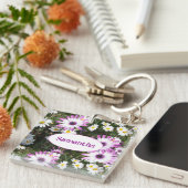 Paarse en Witte Daisy Floral  naam Sleutelhanger (Voorkant Rechts)