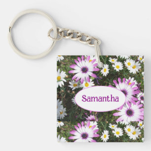 Paarse en Witte Daisy Floral  naam Sleutelhanger