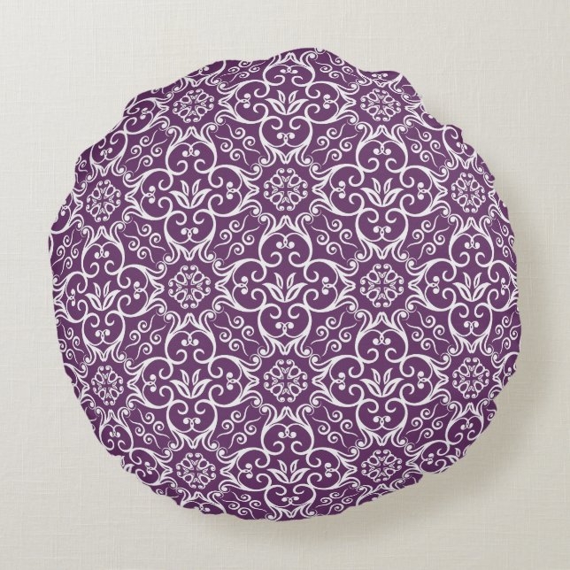 Paarse en witte Damask Round Pillow Rond Kussen (Achterkant)