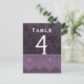 Paarse en Witte Damask Trouwtafel Nummer Kaart (Staand voorkant)