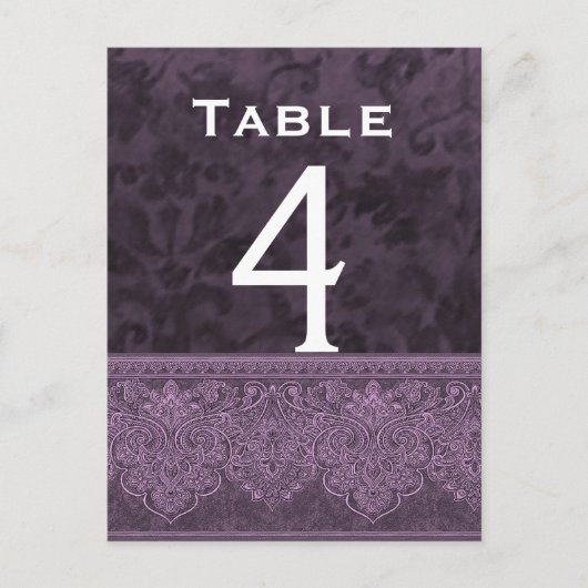 Paarse en Witte Damask Trouwtafel Nummer Kaart (Voorkant)