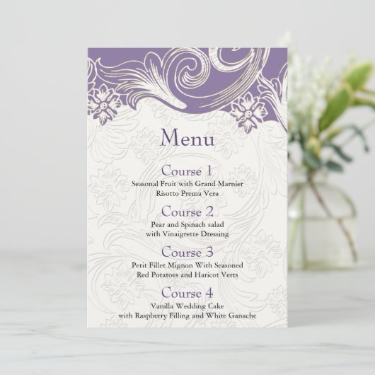 Paarse en witte Floral Spring Wedding Menu (Staand voorkant)