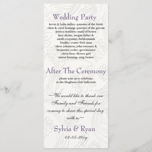 Paarse en witte Floral Spring Wedding Programmakaart (Achterkant)