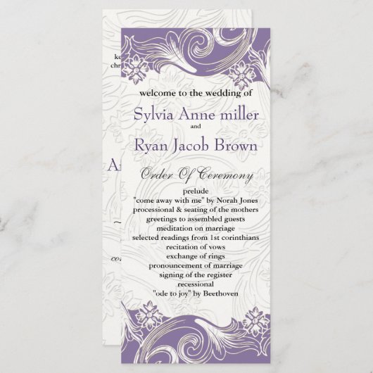 Paarse en witte Floral Spring Wedding Programmakaart (Voorkant / Achterkant)