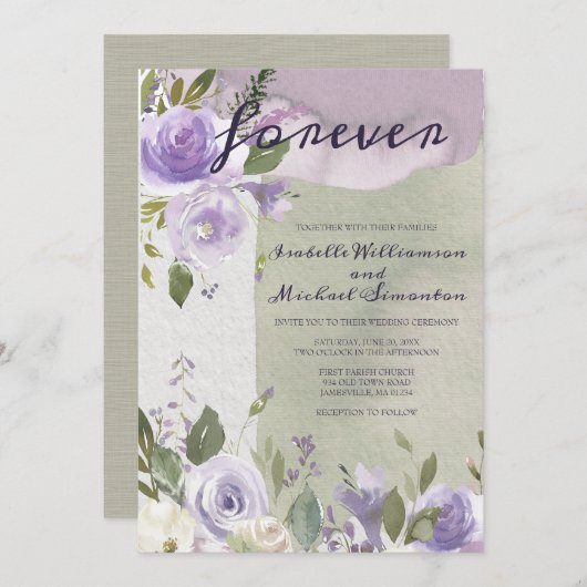 Paarse en Witte Floral Wedding Invitations Kaart (Voorkant / Achterkant)