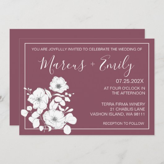  Paarse en witte Floral Wedding Kaart (Voorkant / Achterkant)