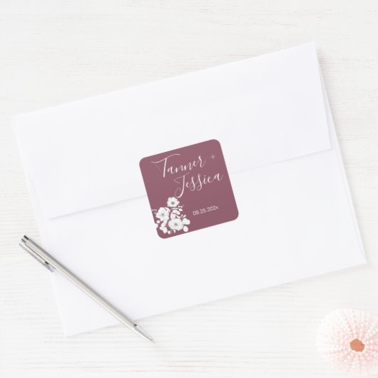  Paarse en witte Floral Wedding Vierkante Sticker (Envelop)