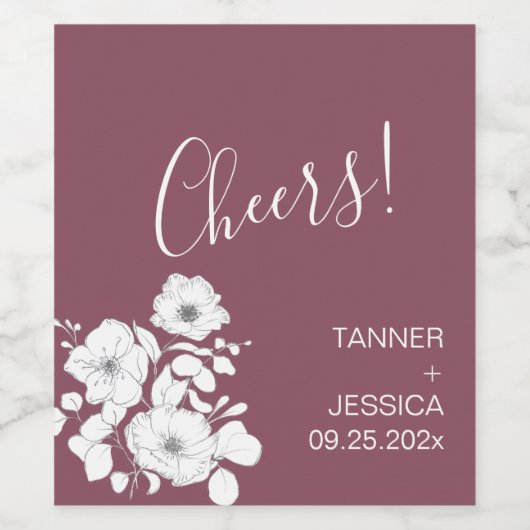  Paarse en witte Floral Wedding Wijn Etiket (Enkel label)