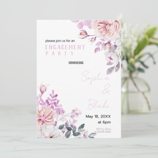 Paarse en witte Floral White Engagement Party Kaart (Staand voorkant)
