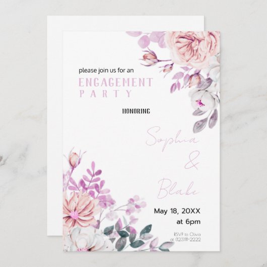 Paarse en witte Floral White Engagement Party Kaart (Voorkant / Achterkant)