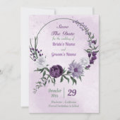 paarse en witte florale borstkas save the date (Voorkant)