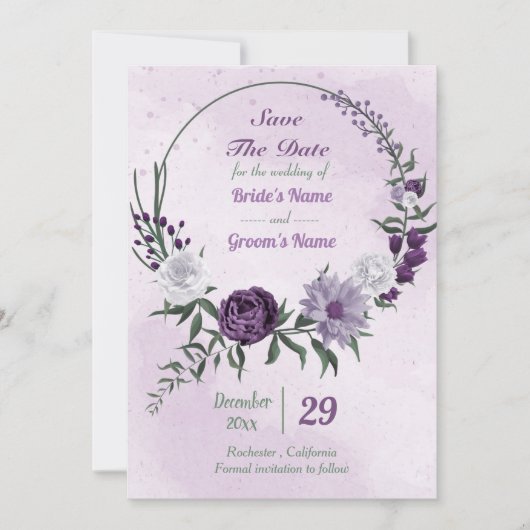 paarse en witte florale borstkas save the date (Voorkant)