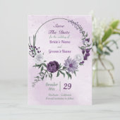 paarse en witte florale borstkas save the date (Staand voorkant)