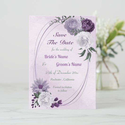 paarse en witte florale geometrie save the date (Staand voorkant)