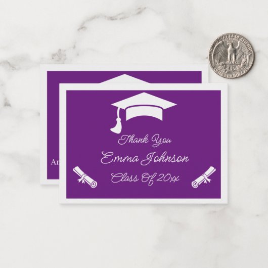 Paarse en witte Gepersonaliseerd Afstuderen Dank u Notitiekaartje (Voorkant / Achterkant in situ)
