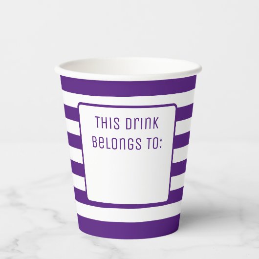 Paarse en witte gestreepte "Deze Drink behoort toe Papieren Bekers (Voorkant)