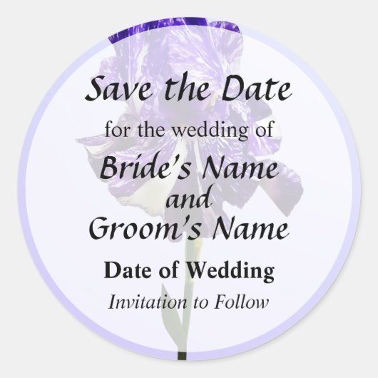 Paarse en Witte Gestreepte Iris Save the Date Ronde Sticker (Voorkant)