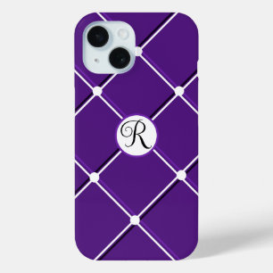 Paarse en Witte Gestreepte Ontwerp Fancy R-Initiaa iPhone 15 Case