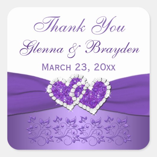 Paarse en Witte Gevoegde Harten Bruiloft Sticker (Voorkant)