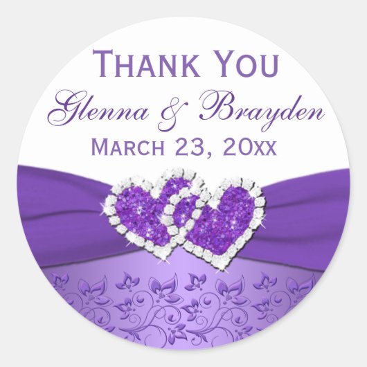 Paarse en Witte Gevoegde Harten Bruiloft Sticker (Voorkant)