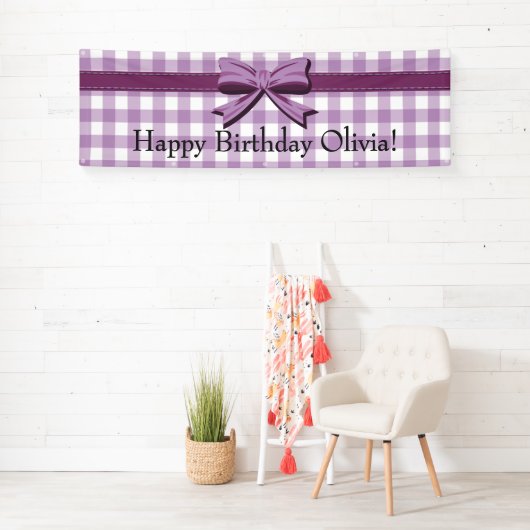 Paarse en witte gingham met Bow Birthday Banner (Insitu)