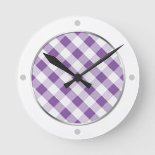 Paarse en witte Gingham Pattern-klok Ronde Klok